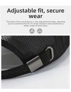 Detail of breathable mesh baseball cap showing the adjustable metal buckle on the back