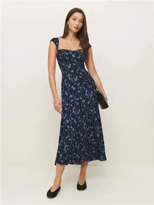 Elegant French vintage floral print midi dress in navy blue with a slim fit square neck