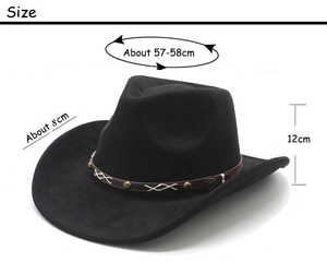 Detailed size guide of a black suede cowboy hat with 12cm height and 8cm wide brim