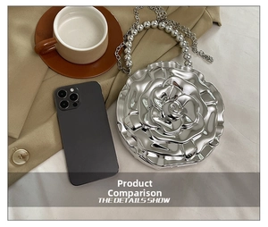Macro shot of silver 3D rose acrylic evening bag with beaded chain and floral petal layers