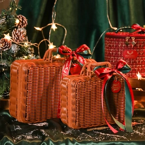 Christmas Gift Box Woven Rattan Suitcase Plush Handbag Festive Packaging Basket With Ribbon For Holiday Celebration