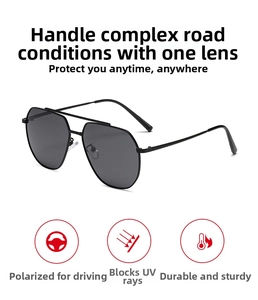 Detalle de gafas de sol aviador polarizadas con iconos de protección UV y montura fina