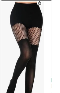 Detail of black patchwork fishnet tights featuring elastic fabric and hollow-out design