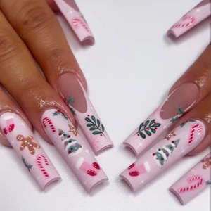Christmas Press On Nails Long Coffin Fake Nails French Tip Gingerbread Man Christmas Tree Festive Holiday Plastic For Women
