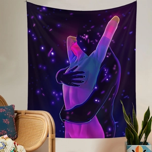 Detailed view of neon art tapestry featuring an embracing couple over a starry night sky