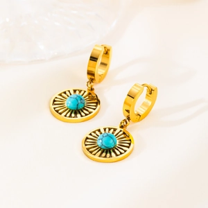 Golden huggie hoop earrings with sunburst turquoise pendant in minimalist steel
