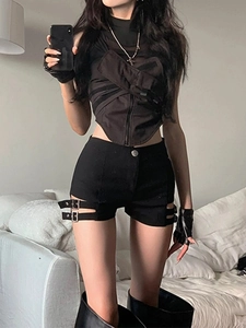Pantaloncini Sexy Vita Alta Da Donna Misto Cotone Nero Cutout Punk Gothic Nightclub Hot Pants Con Fibbie Metalliche