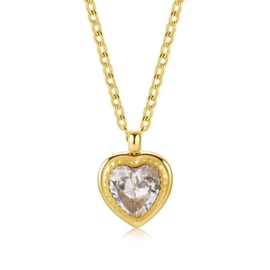 Minimalist gold heart necklace with clear zircon pendant on a white background