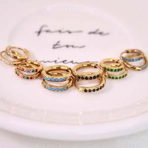 Minimalist 14K gold-plated stainless steel hoop earrings with colorful zircon stones