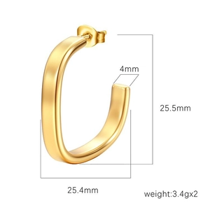 Golden minimalist C-shaped square earrings with 25.5mm size and polished metal finish