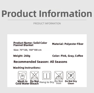 Detailed spec chart for solid color flannel blanket with size and washing instructions