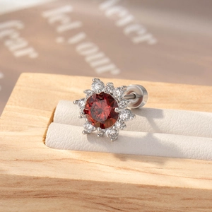 Sparkling snowflake zircon stud earrings with red crystal center and silver steel screw backs