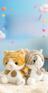 Close-up of fluffy stuffed cat toys with soft fur, blue eyes, and wooden neck pendants