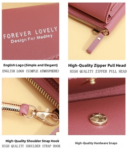 Close-up of golden zipper, metal hooks and Forever Lovely logo on pink crossbody bag