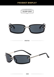 Detail view showing front and side profile of silver-gray square Y2K metallic sunglasses