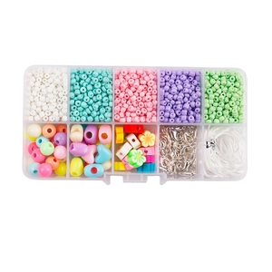 DIY bead set with macaron glass beads and heart charms in a 10-compartment storage box