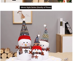 Detailed view of three-piece ethnic style snowman doll set for Christmas decor