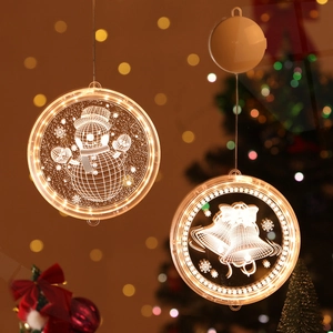 Close-up of LED Christmas acrylic suction lights with snowman and bell patterns