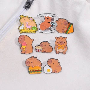 Set of 8 cute capybara enamel pins with food and animal motifs on white canvas