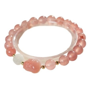 Pink strawberry crystal beaded bracelet with agates and a cute lucky cat charm pendant