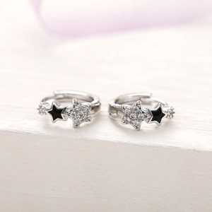 S925 silver star hoop earrings with black enamel and sparkling zircon pavé for women