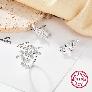 S925 Sterling Silver Leaf Jewelry For Women Sparkling Rhinestone Open Ring And Ear Climber Earrings Botanical Accessory