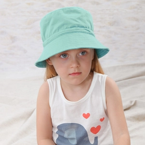 Kids quick-dry light green sun hat with chin strap worn by a toddler for outdoor use