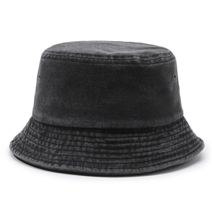 Vintage dark grey washed denim bucket hat with metallic eyelets and stitched brim