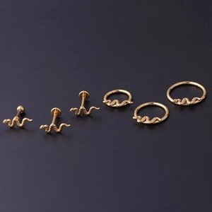 6-piece gold stainless steel snake piercing set with labret studs and hoop rings for ears and nose