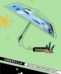 Detail of unisex folding umbrella showing artistic landscape illustration on fabric