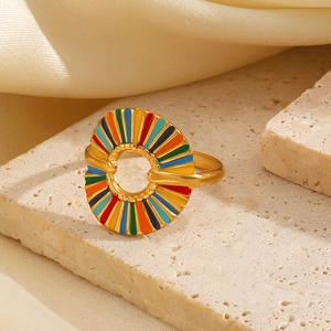 Gold Plated Stainless Steel Geometric Hollow Round Ring For Women Colorful Enamel Drip Oil Adjustable Open Finger Ring Jewelry