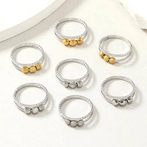 Niche Design Stainless Steel Fidget Ring For Anxiety Movable Beads Stress Relief Double Layer Cut-out Geometric Finger Ring Fashion Jewelry For Men Women