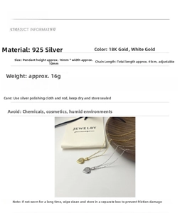 Detailed spec sheet showing 925 silver heart pendant size and maintenance guide