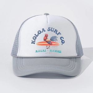 Retro Koloa Surf Co. trucker hat with white front, grey mesh, and rooster surf graphic