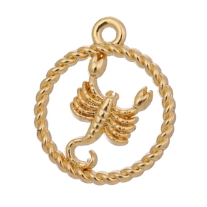 Detail of vintage gold scorpion zodiac charm with embossed relief and twisted rope border