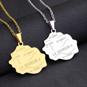 Reunion Island Map Pendant Necklace Stainless Steel Engraved Geographic Jewelry For Men Women