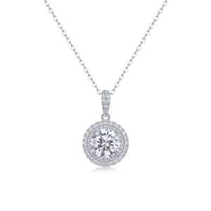 Macro shot of S925 sterling silver halo pendant necklace with a round-cut moissanite stone