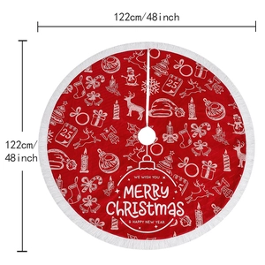 Red Christmas tree skirt with white patterns, fringe trim and 48-inch diameter scale