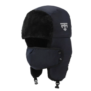 Winter thermal trapper hat in navy blue with windproof fabric and warm faux fur lining