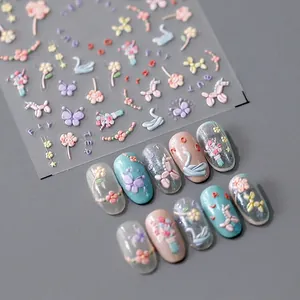 3D Embossed Nail Stickers Butterfly Flower Balloon Dog PET Self-Adhesive Macaron Color DIY Manicure Decor