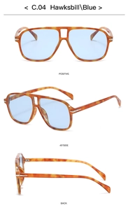Three-view layout of retro double-bridge pilot sunglasses in tortoiseshell and blue