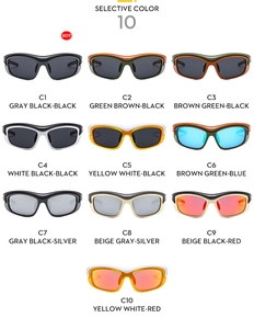 Detailed grid of ten Y2K sporty wraparound sunglasses in various colorways from C1 to C10