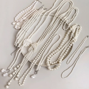Elegant French style long Baroque pearl necklace collection with cream white luster for women