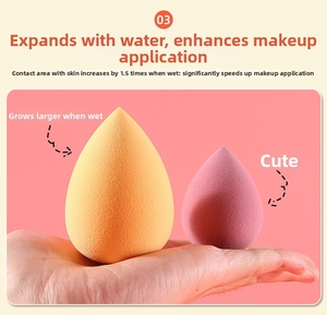 Detail showing the beauty blender sponge expanding 1.5 times in size when soaked in water
