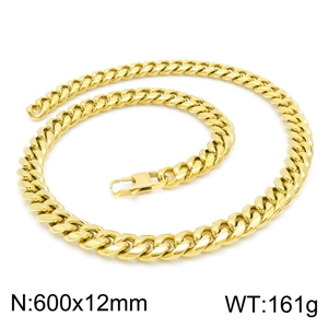 Detail view of 12mm gold Cuban link necklace showing 600mm length and 161g weight specs