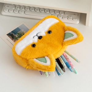 Detail of soft plush fox pencil case with large capacity and smooth zipper closure
