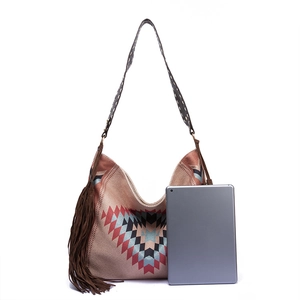 Detail view of Bohemian tote with ethnic patterns, long tassels and leather strap