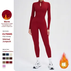 Women Long Sleeve Yoga Bodysuit Half Zip Slim Fit Sporty One Piece Jumpsuit With Thumbholes Winter Warm Activewear Fitness