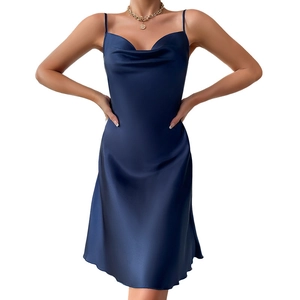 Satin cowl neck slip dress in dark blue silk-like fabric for women's home wear