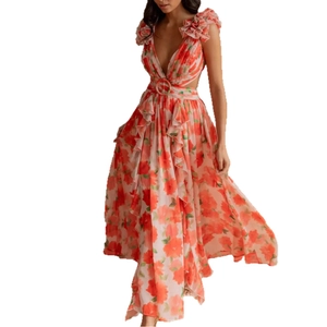 Floral deep V-neck maxi dress with waist cut-outs and ruffle details in orange red